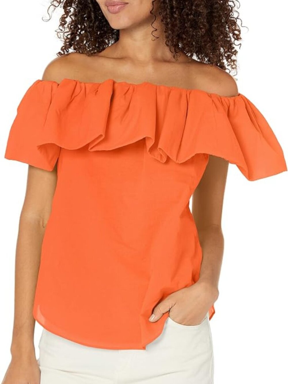 Trina Turk 'Air' Off-The-Shoulder Ruffled-Overlay Cotton Top, Tangerine Dream